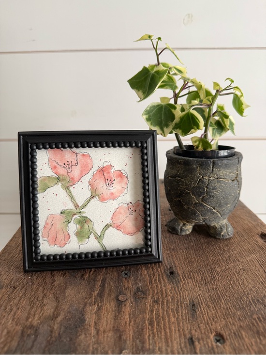 Hand Crafted Other - Hand crafted watercolor original Pink in 4x4 Black Beaded Frame